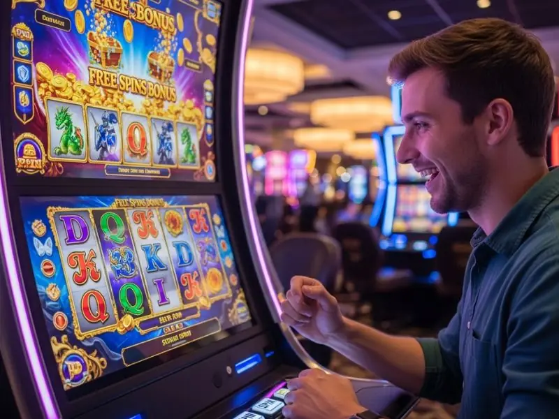 8k8 slot casino player enjoying free spins on favorite slot game showing a happy player enjoying free spins while playing a favorite slot game in an exciting casino setting.