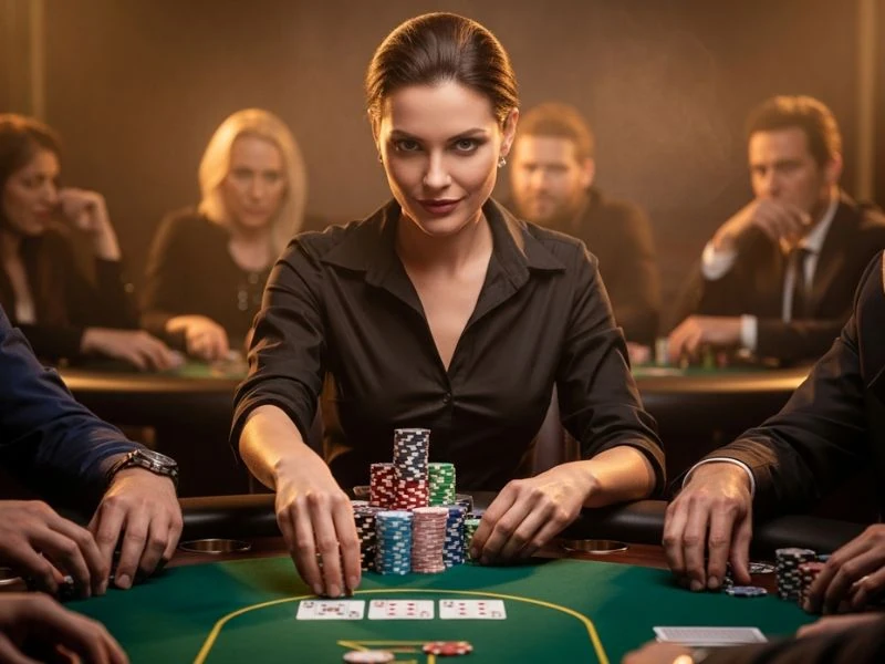 8k8 slot casino woman confidently going all in at poker table showing a confident player pushing all her chips forward during an intense poker game in a lively casino setting.