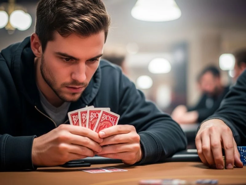 9s slot casino buddy focusing on his poker hand showing a focused player carefully studying his poker hand during an intense casino game.