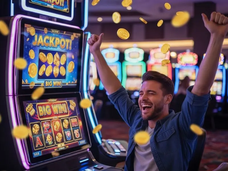 9s slot casino player celebrating big jackpot on slot machine showing a thrilled player celebrating after hitting a big jackpot on a slot machine in an exciting casino setting.