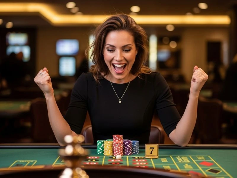 9s slot casino woman excited after winning on roulette showing a thrilled player celebrating after winning a roulette round in an energetic casino environment.