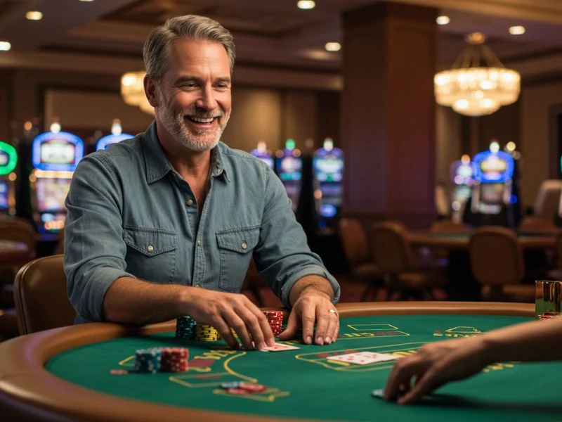 Aztec treasure free slot game happy man engage in playing an online casino slot with colorful graphics