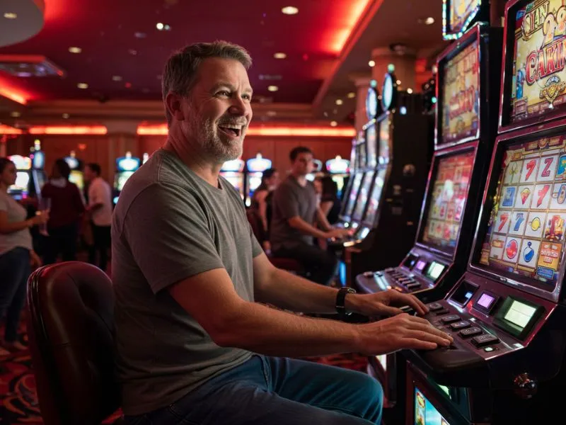 Best jili slot game happy man playing slot machine and enjoying an exciting online casino experience