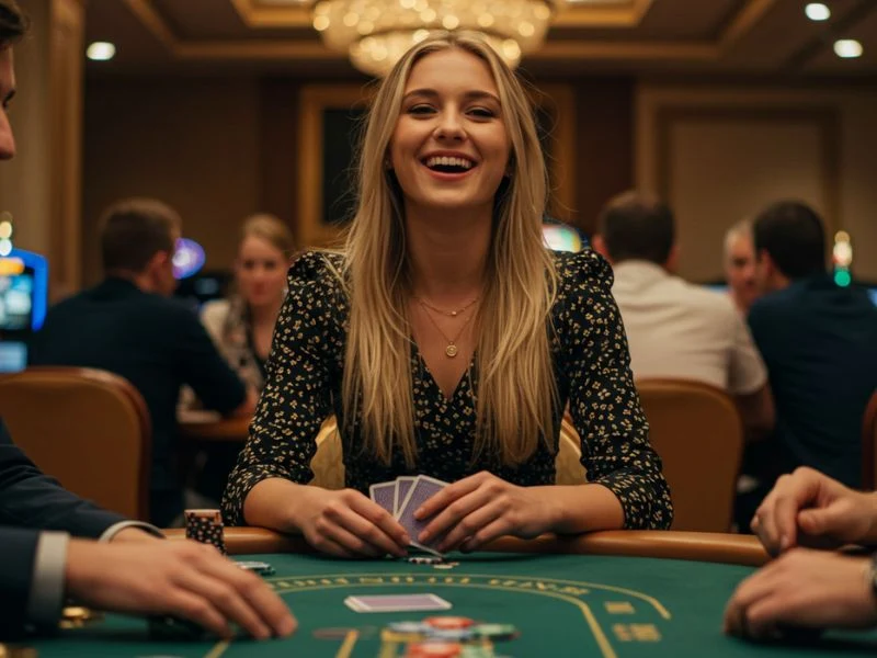 Best jili slot game woman playing cards happily while enjoying an exciting casino session