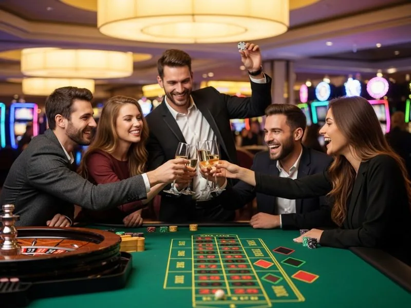 Best online casino asia friends clinking glasses after a roulette win in a lively casino setting