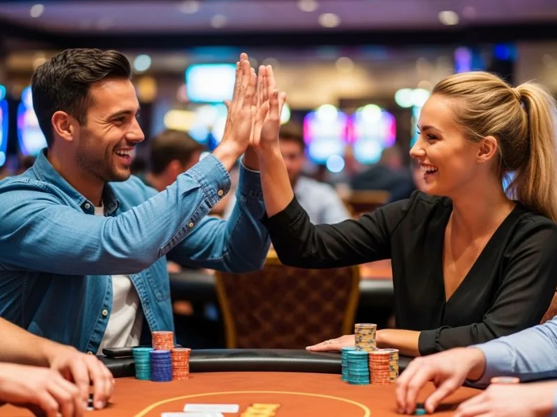Best online casino asia friends exchanging high fives after winning a hand at a lively casino table