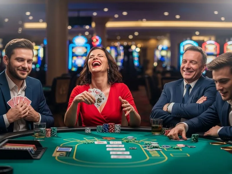Best online casino asia happy players laughing while bluffing in a card game at a lively casino table