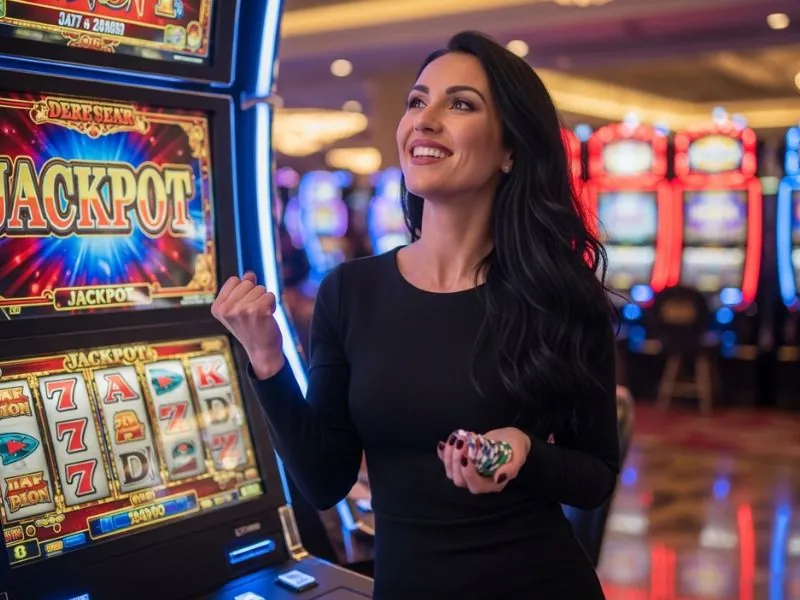 Best online casino asia smiling with confidence after hitting the jackpot on a colorful slot machine