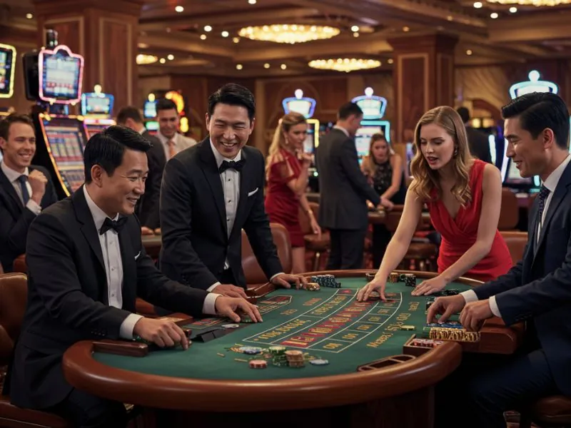 Best online casino bonus happy business friends enjoy casino together in a lively gaming setting