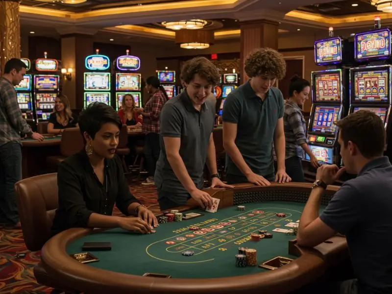 Best online casino bonus happy business friends enjoy casino games together in a vibrant setting