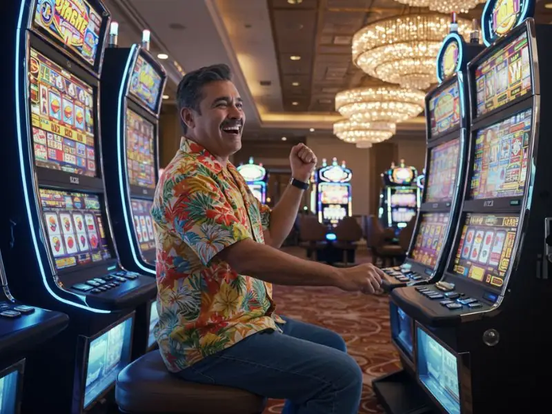 Best online casino bonus happy man enjoying slot in casino on a colorful slot machine