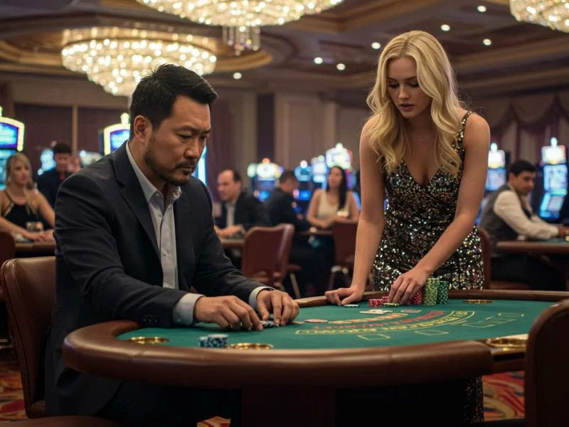 Best online casino bonus man and woman betting seriously at a vibrant casino table