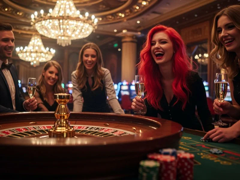 Best online casino free bonus no deposit happy friends cheering for their winnings in a lively casino setting