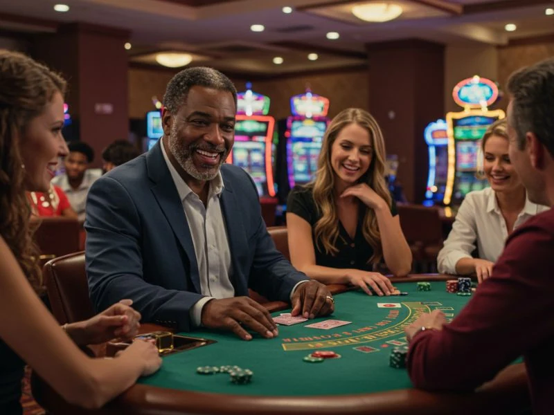 Bmy12 online casino login happy colleagues enjoy casino together in a lively gaming environment