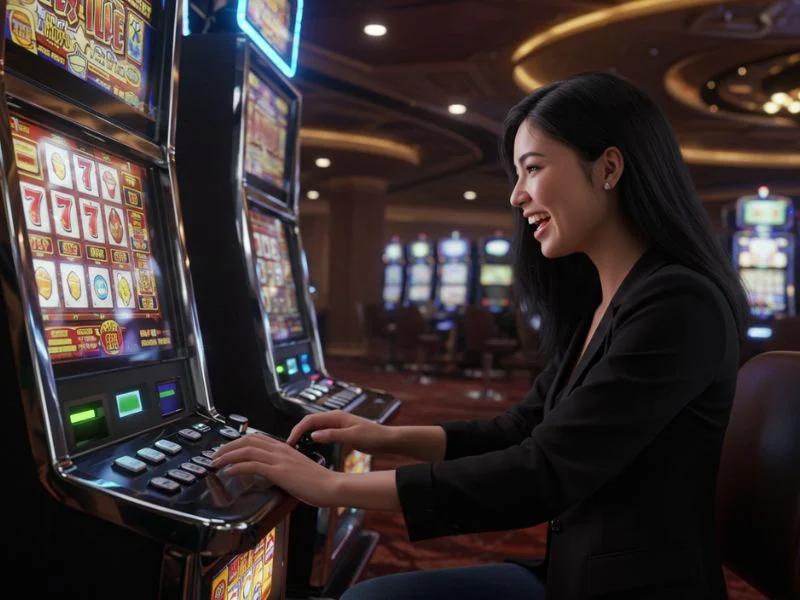 Bmy12 online casino login happy girl loves slot casino and enjoys a colorful slot machine