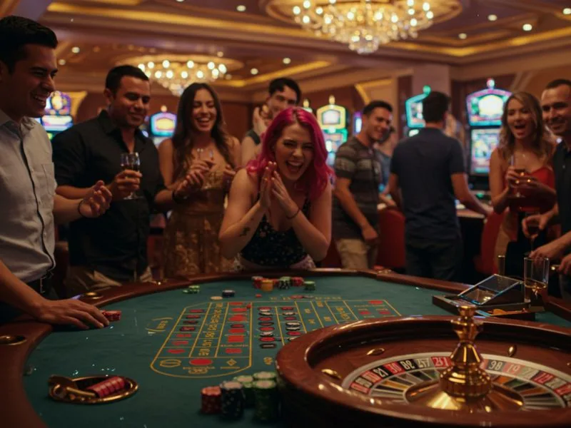 Bmy12 online casino login happy red hair girl cheering his friends betting and winning on colorful casino tables