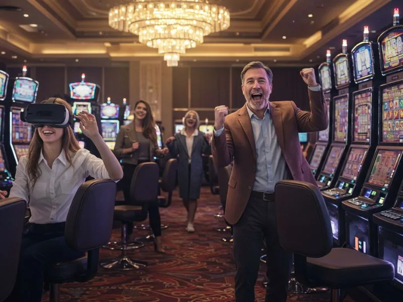 Crazy 777 slot-tada games happy friends cheering the woman during an exciting casino win