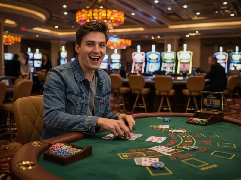 Crazy 777 slot-tada games happy man playing casino on a bright and colorful slot machine