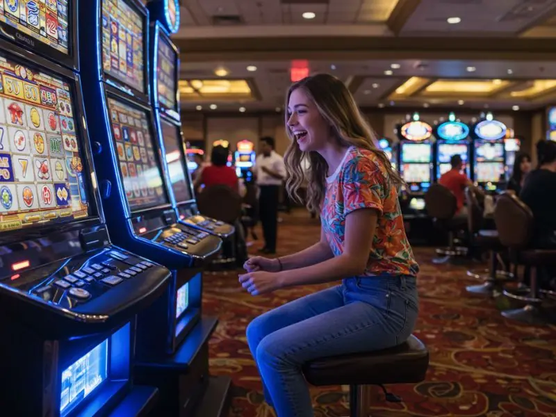 Do 888 online casino happy girl playing slot on a colorful and vibrant casino machine