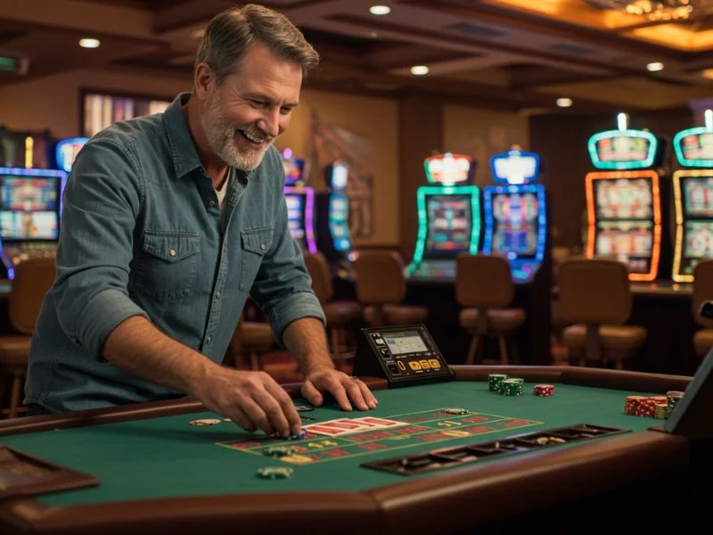 Do 888 online casino happy man enjoy betting on a vibrant slot machine