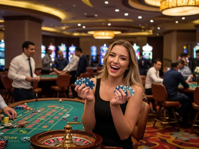 Do 888 online casino happy woman holding her winnings and celebrating a big casino win