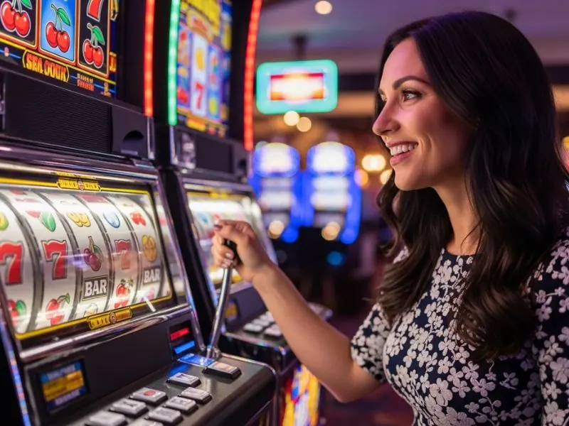 fb777 slot casino login lady smiling while spinning slot reels showing a cheerful player smiling while spinning slot machine reels in an exciting casino environment.