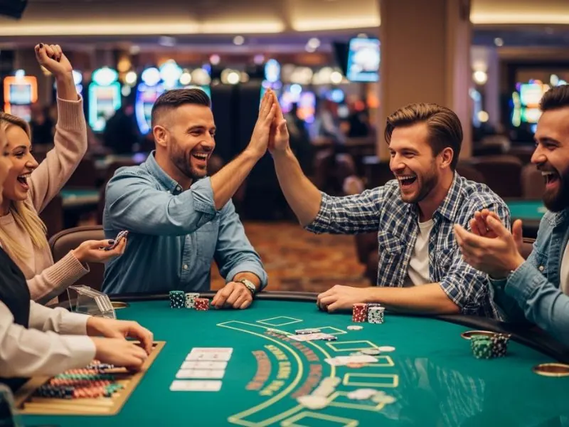 fb777 slot casino login man high fiving friends after winning in blackjack showing a happy player celebrating with friends after winning a blackjack round in a lively casino setting.