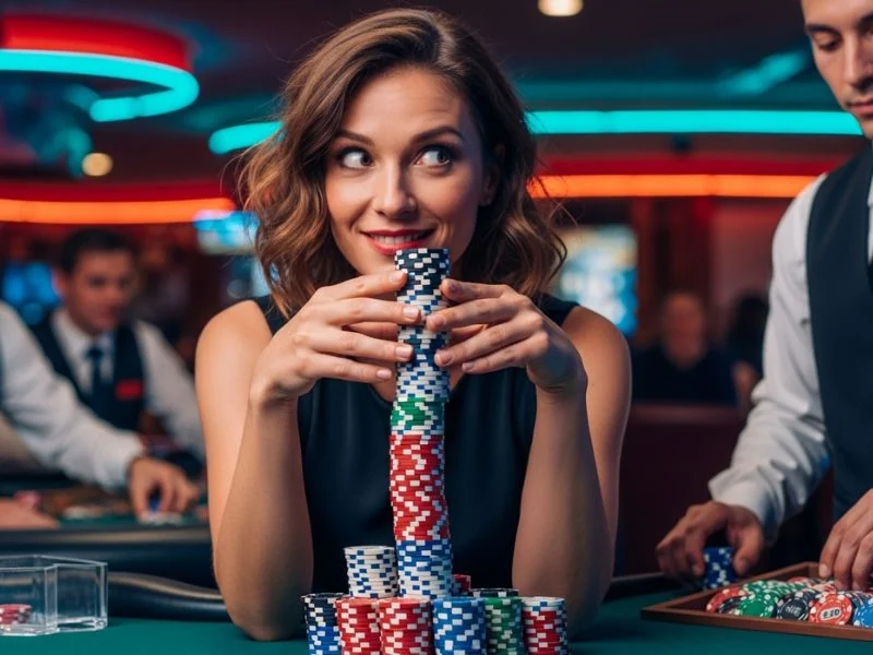 fb777 slot casino login woman holding a stack of casino chips showing a confident player holding a stack of casino chips in a lively gaming environment.
