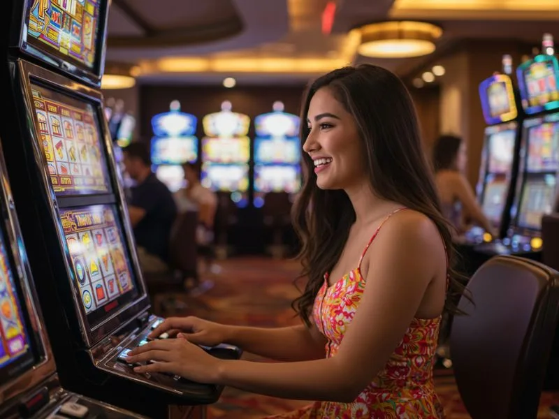 Hot shot casino slots happy girl playing on a colorful online slot machine