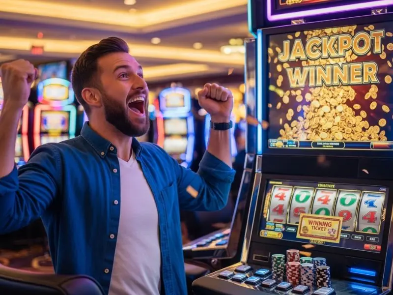 jiliasia casino slot man raising his hand in excitement after winning slot jackpot showing a thrilled player celebrating with raised hand after hitting a big slot jackpot in a lively casino setting.