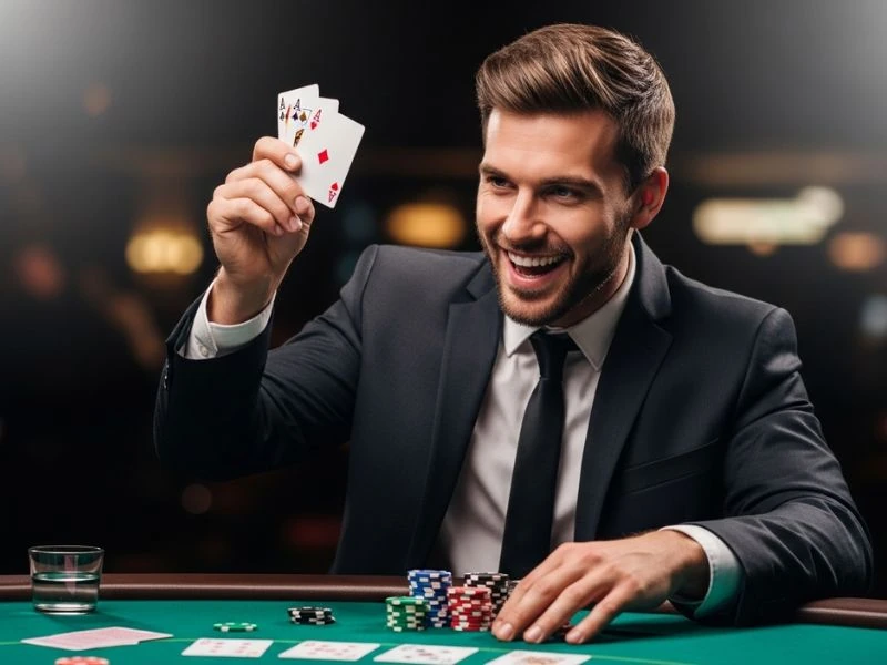 jiliasia casino slot player smiling while flipping poker cards showing a confident player smiling while revealing poker cards during an exciting casino game.