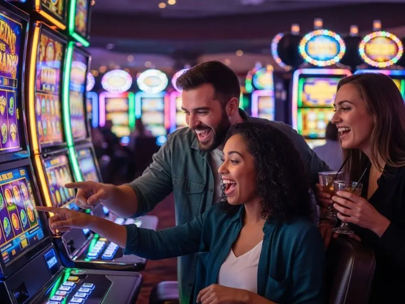 Mexican slot game friends enjoying colorful slot lights and sounds in a vibrant casino environment