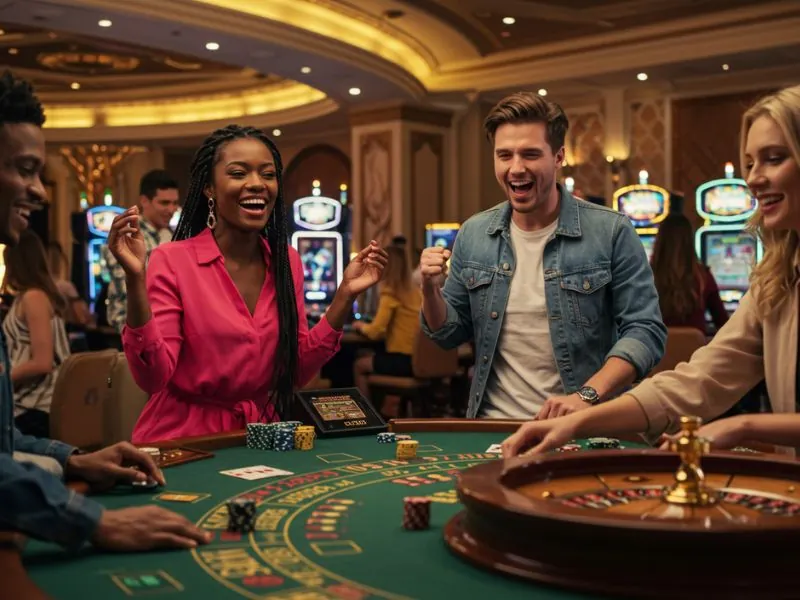 Mexican slot game friends laughing while spinning the reels on a colorful casino slot machine