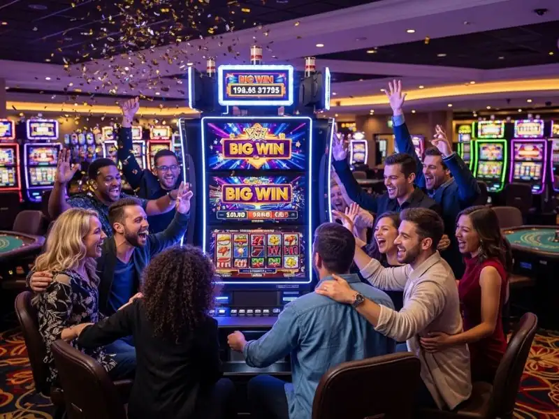 Mexican slot game group celebrating a big slot win on a colorful casino slot machine