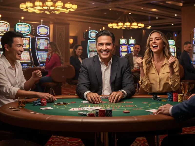 Mwplay888 online casino log in happy daughter cheering his dad playing a colorful slot machine