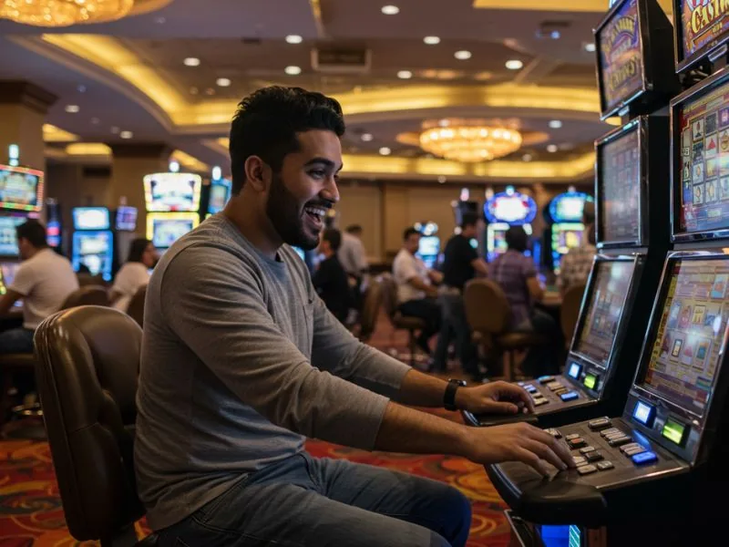 Online casino 247 happy man loves slot while enjoying a colorful online casino machine