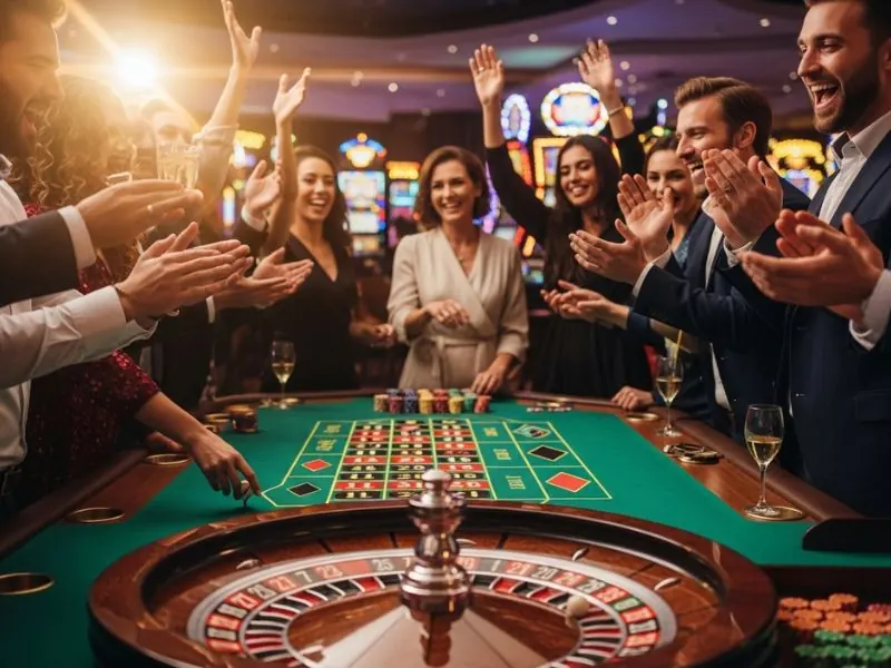 T-rex slot game excited cheers while the ball lands on a number in a lively casino setting