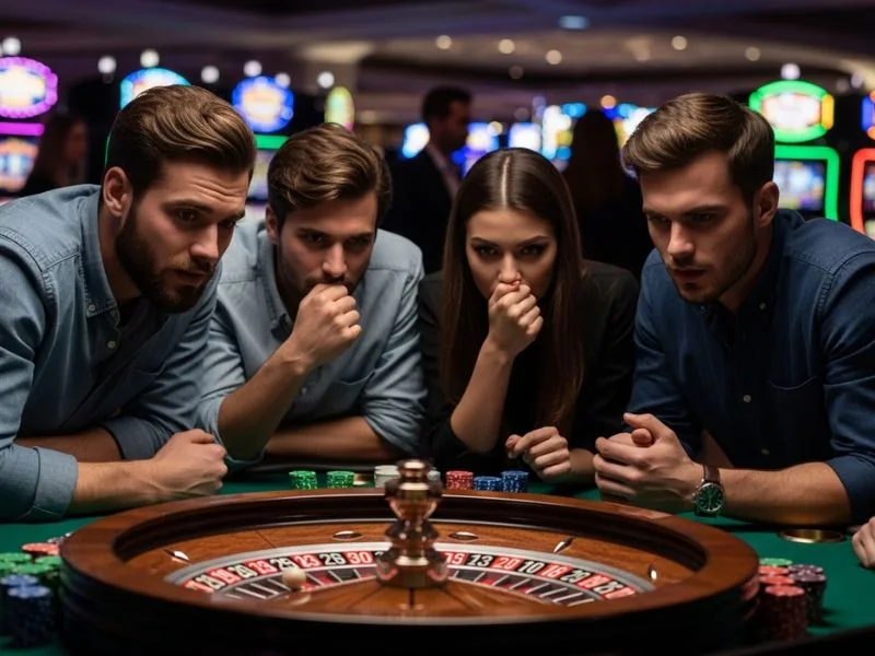 T-rex slot game friends holding their breath as the roulette wheel spins during an intense casino moment