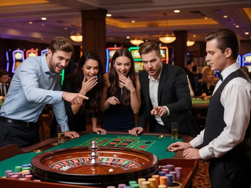 T-rex slot game friends pointing at the roulette table with anticipation during an exciting casino moment